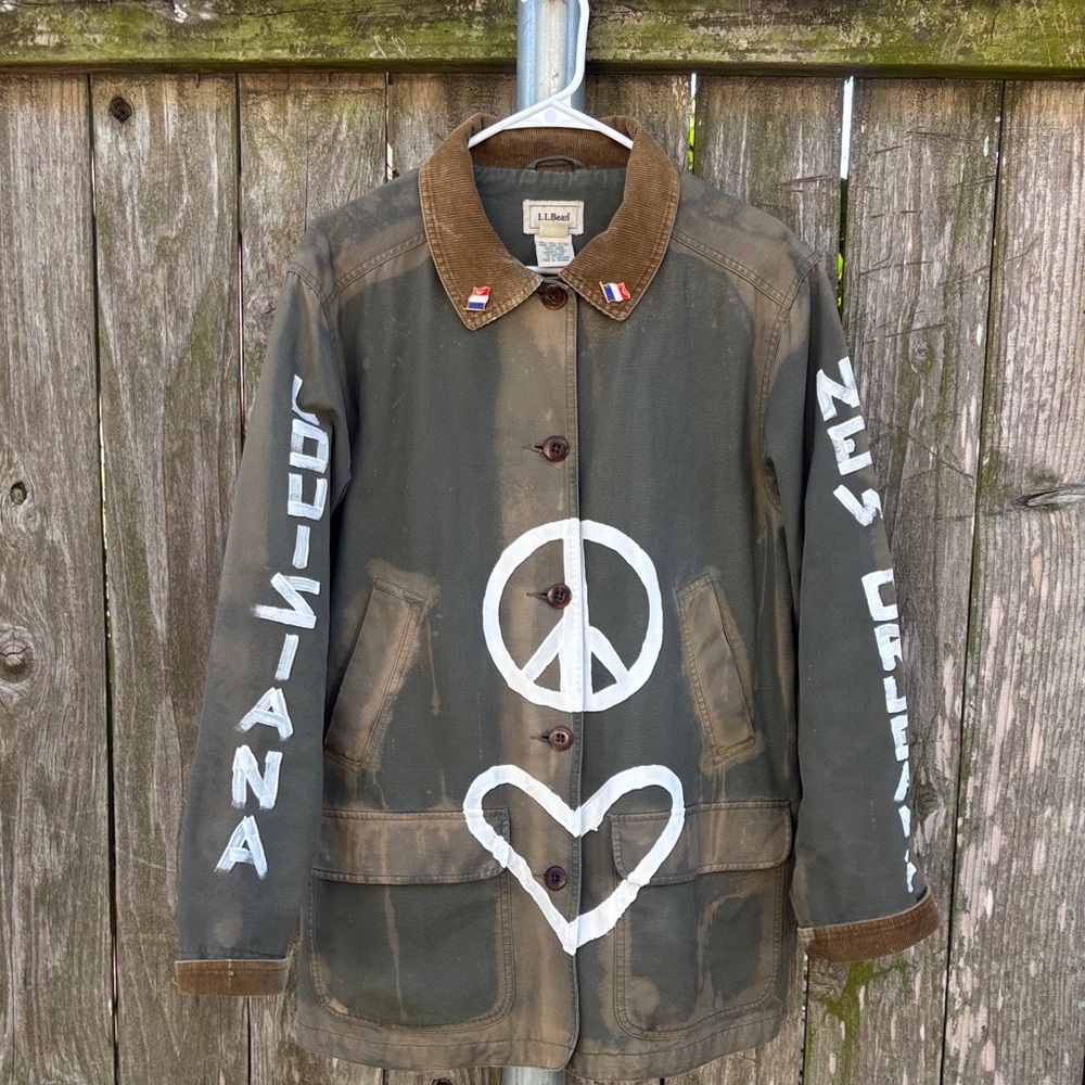 LL bean Khaki Jacket with Peace and Heart Motif